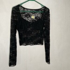 Black Fairy Grunge Vamp Whimsigoth Sheer Lace‎ Blouse Top Women Large China